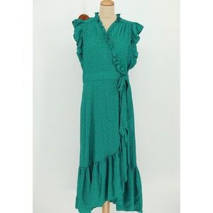 Kate Spade Poolside Polka Dot Wrap Midi Dress Size 14 Emerald Coast NWOT Ruffle
